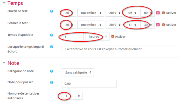 paramètres du test