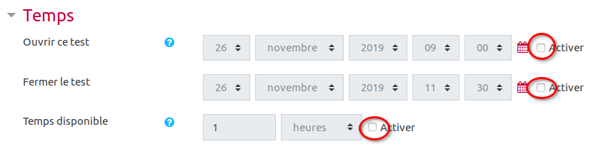 Réglages de temps désactivés Réglages de temps désactivés